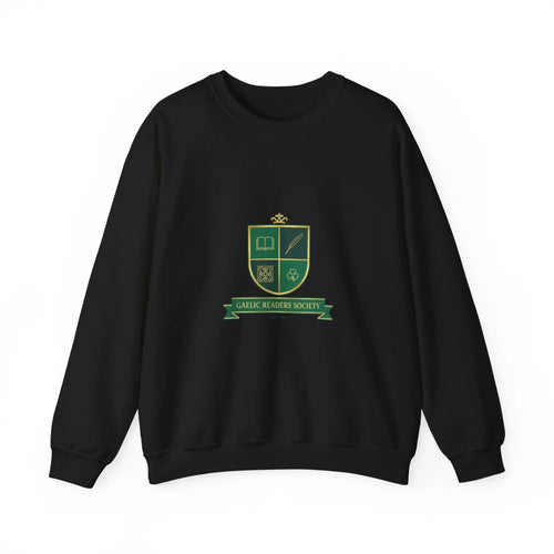 Black sweatshirt with green Gaelic Readers Society crest featuring book, quill, knot, and clover.