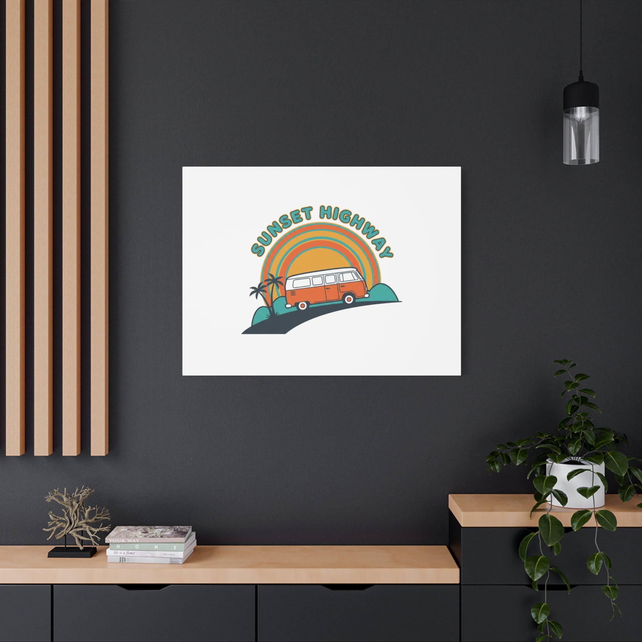 Sunset Highway Van Canvas | 1970s Retro Surf, Vintage Palm Poster 36" x 36" 1.25"