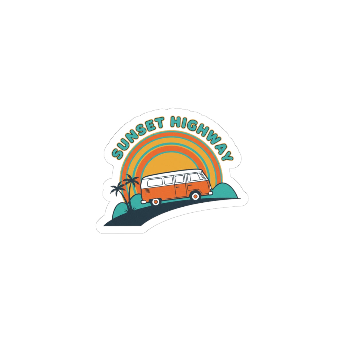 Sunset Highway Van Sticker | 70s Retro Surf, Vintage Palm Postcard 3" × 3" White