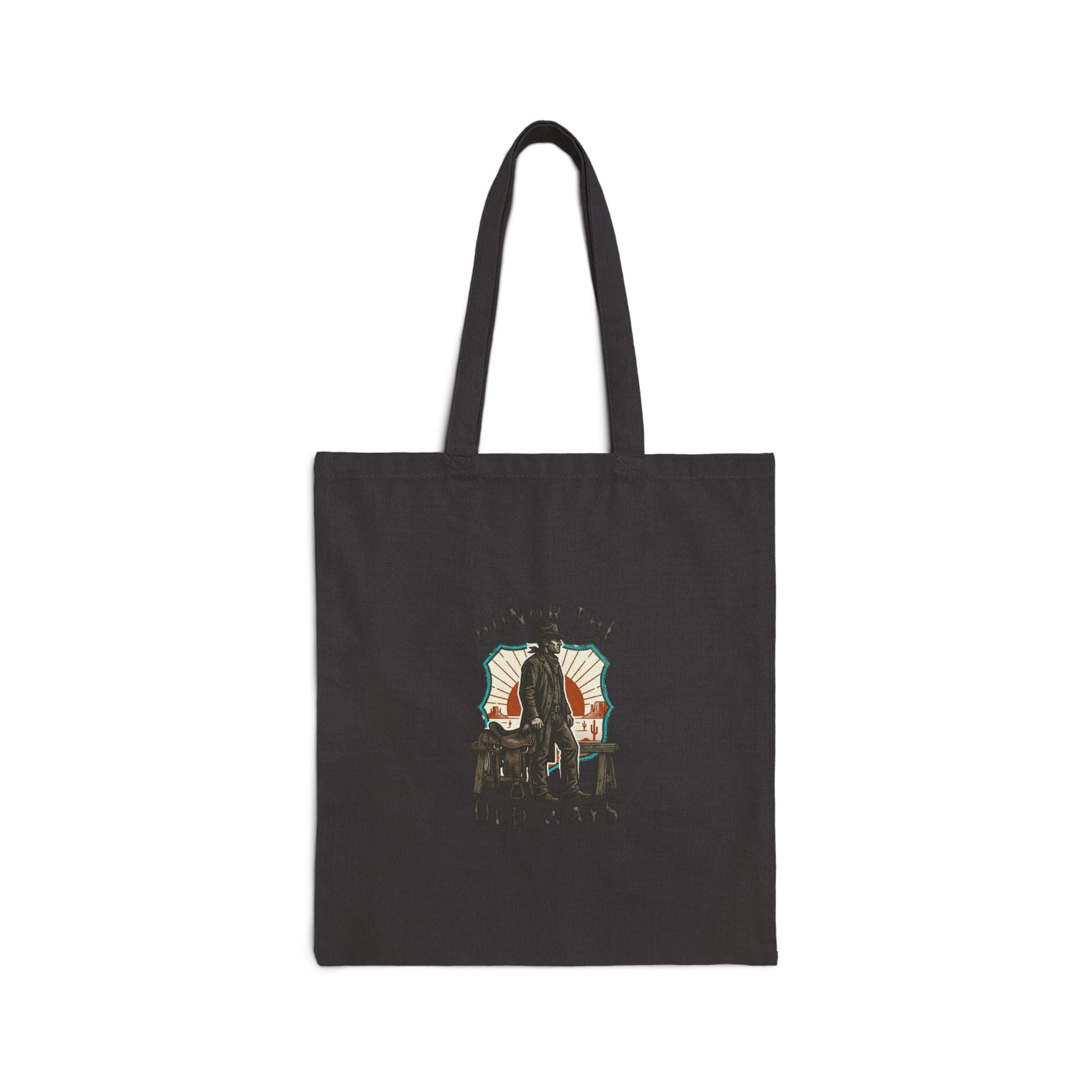 Honor the Old Ways Tote | Western Americana, Vintage Cowboy Frontier. Black 15" x 16"
