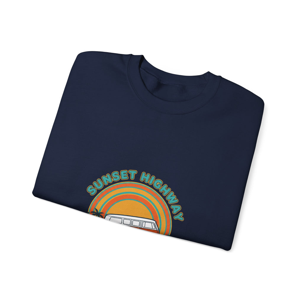 Sunset Highway Retro Surf Graphic Sweatshirt | 1970s Analog Sunshine, Vintage Palm Navy