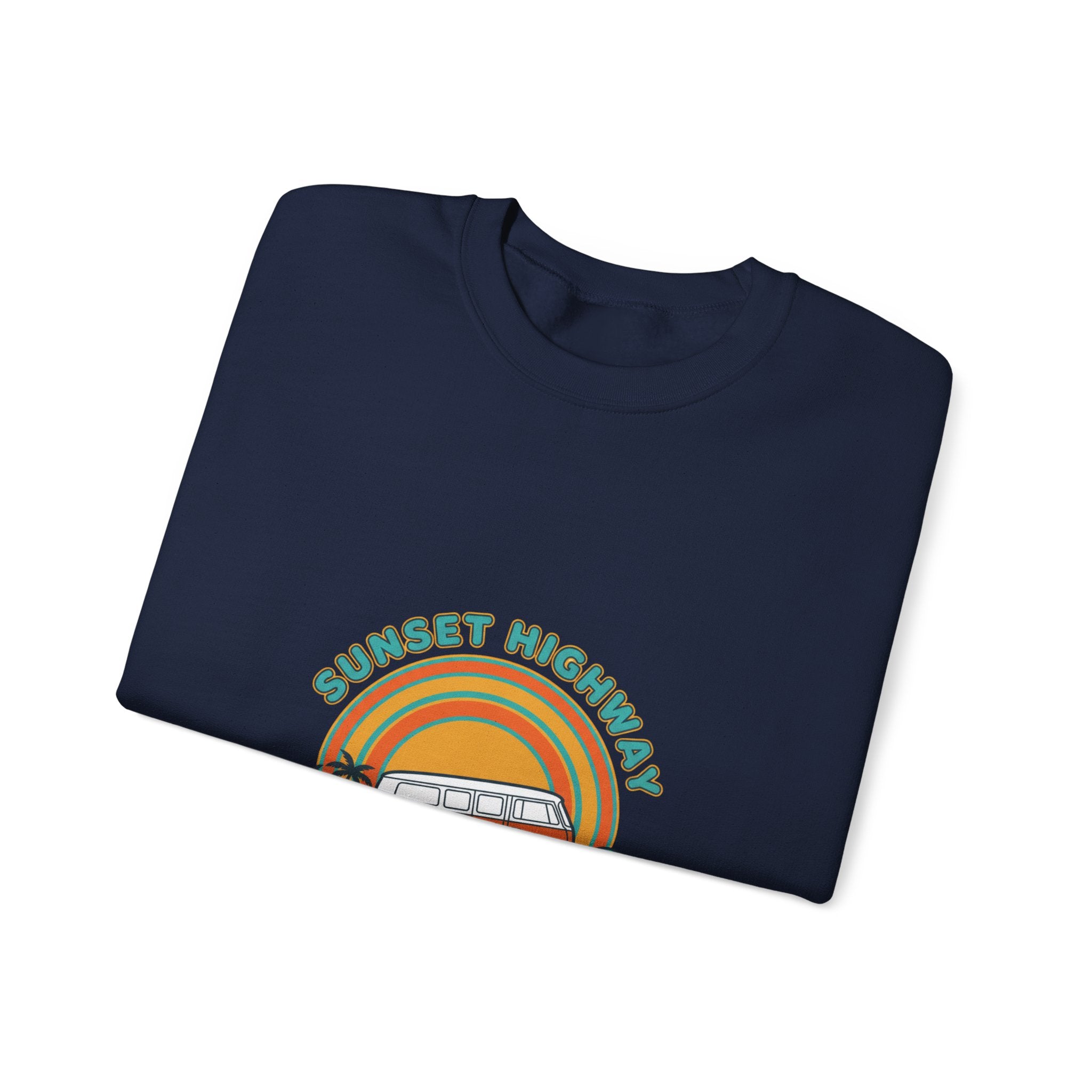 Sunset Highway Retro Surf Graphic Sweatshirt | 1970s Analog Sunshine, Vintage Palm Navy