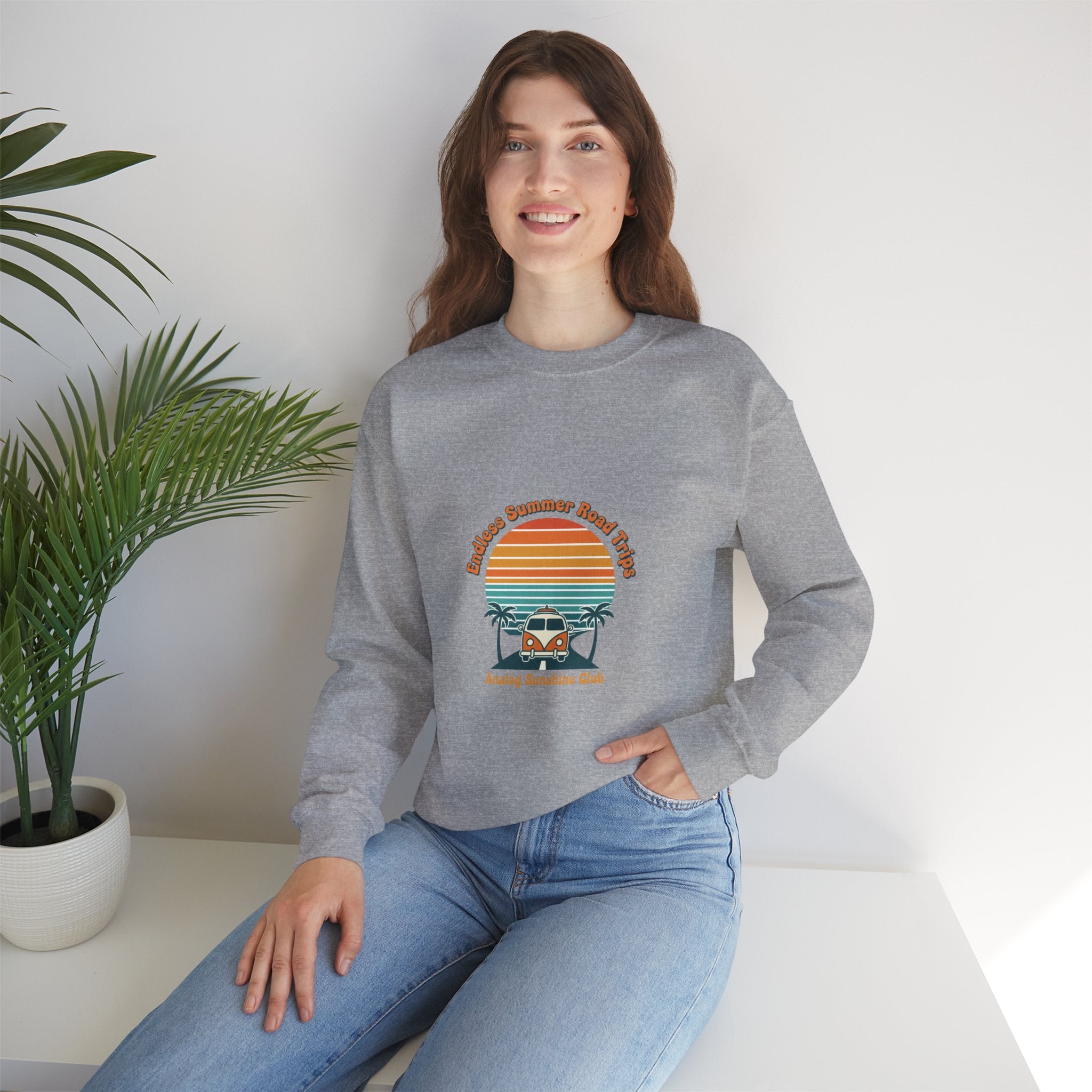 Vintage 70s Sunset Camper Crewneck Sweatshirt | Retro Surf Graphic, Golden Hour Postcard Navy
