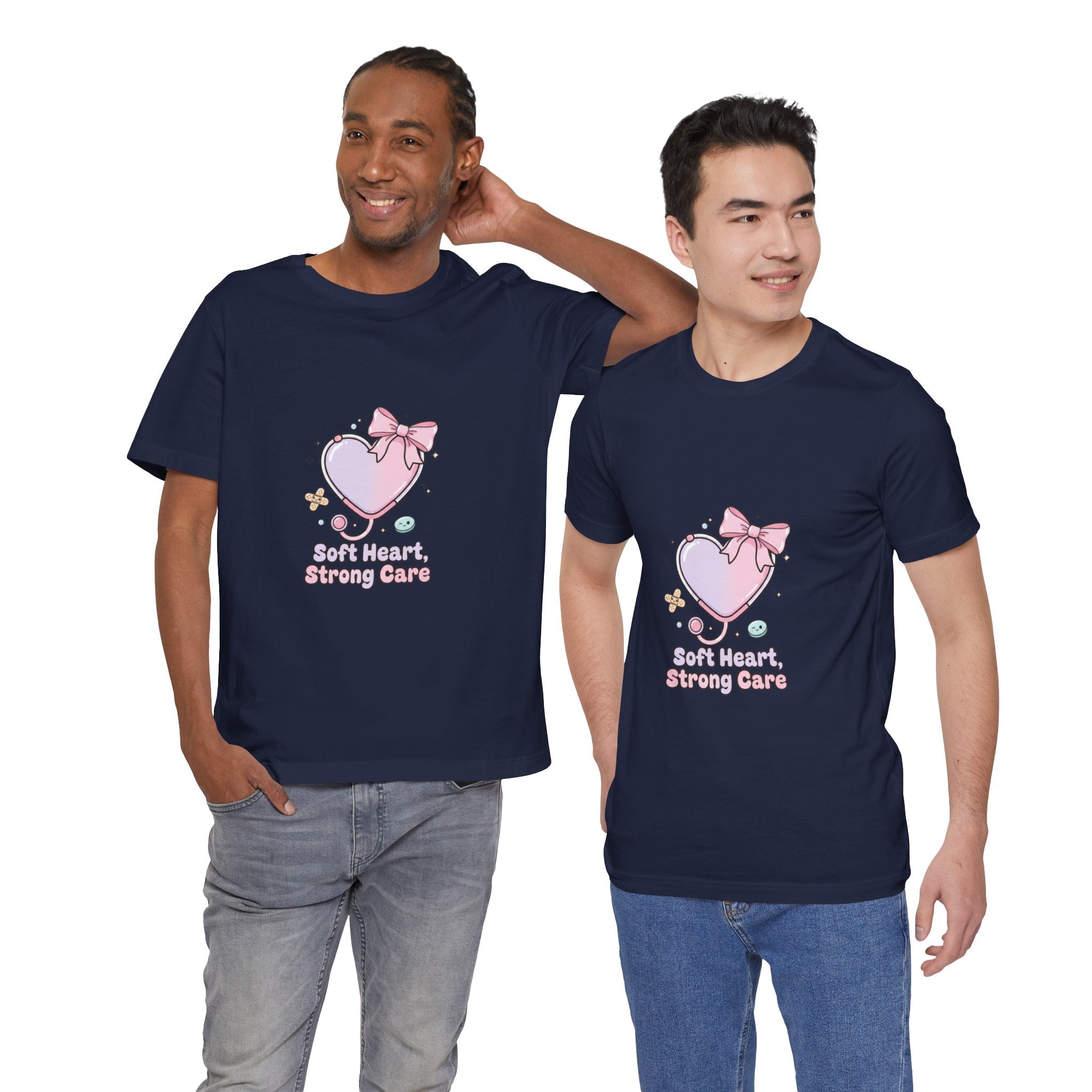 Soft Heart Strong Care T-Shirt | cute nurse graphic, pastel coquette medical shirt Navy