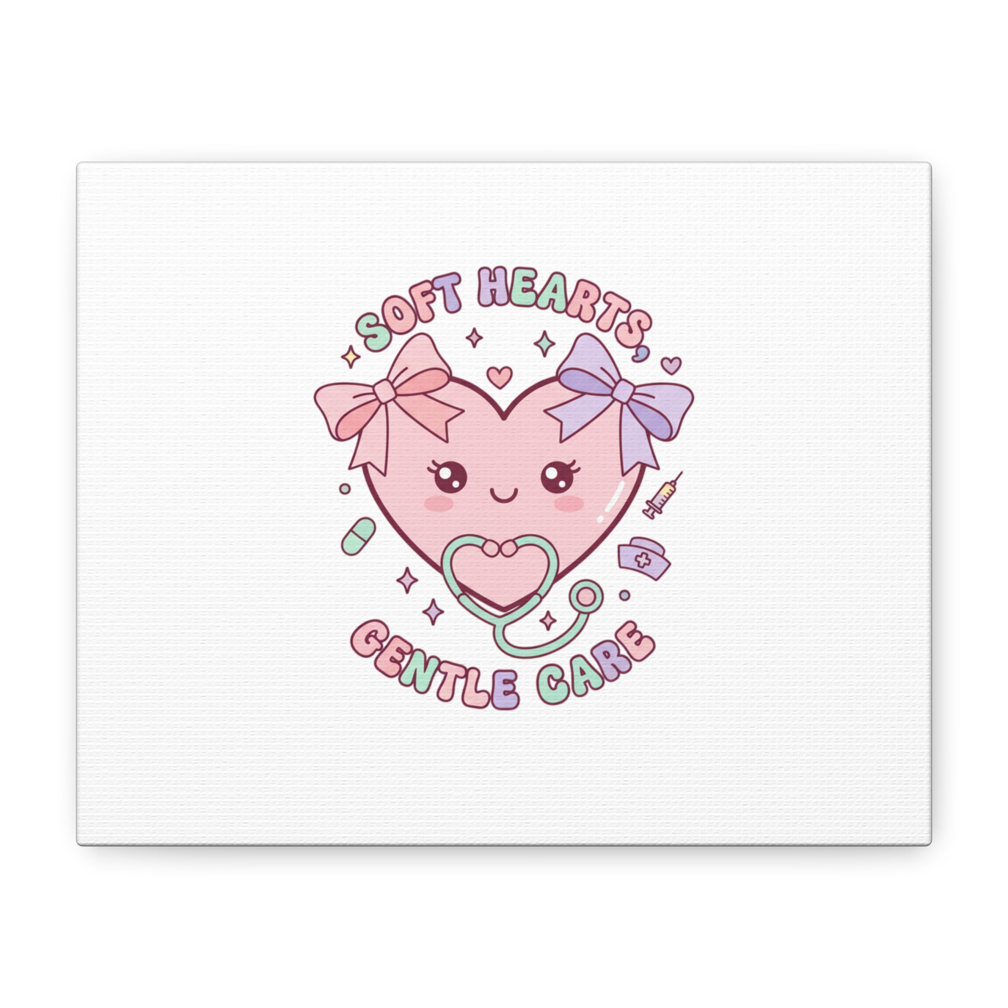 Soft Hearts Gentle Care Canvas, Cute Nurse Graphic | Pastel Coquette Medical Art 10" x 8" (Horizontal) 1.25"
