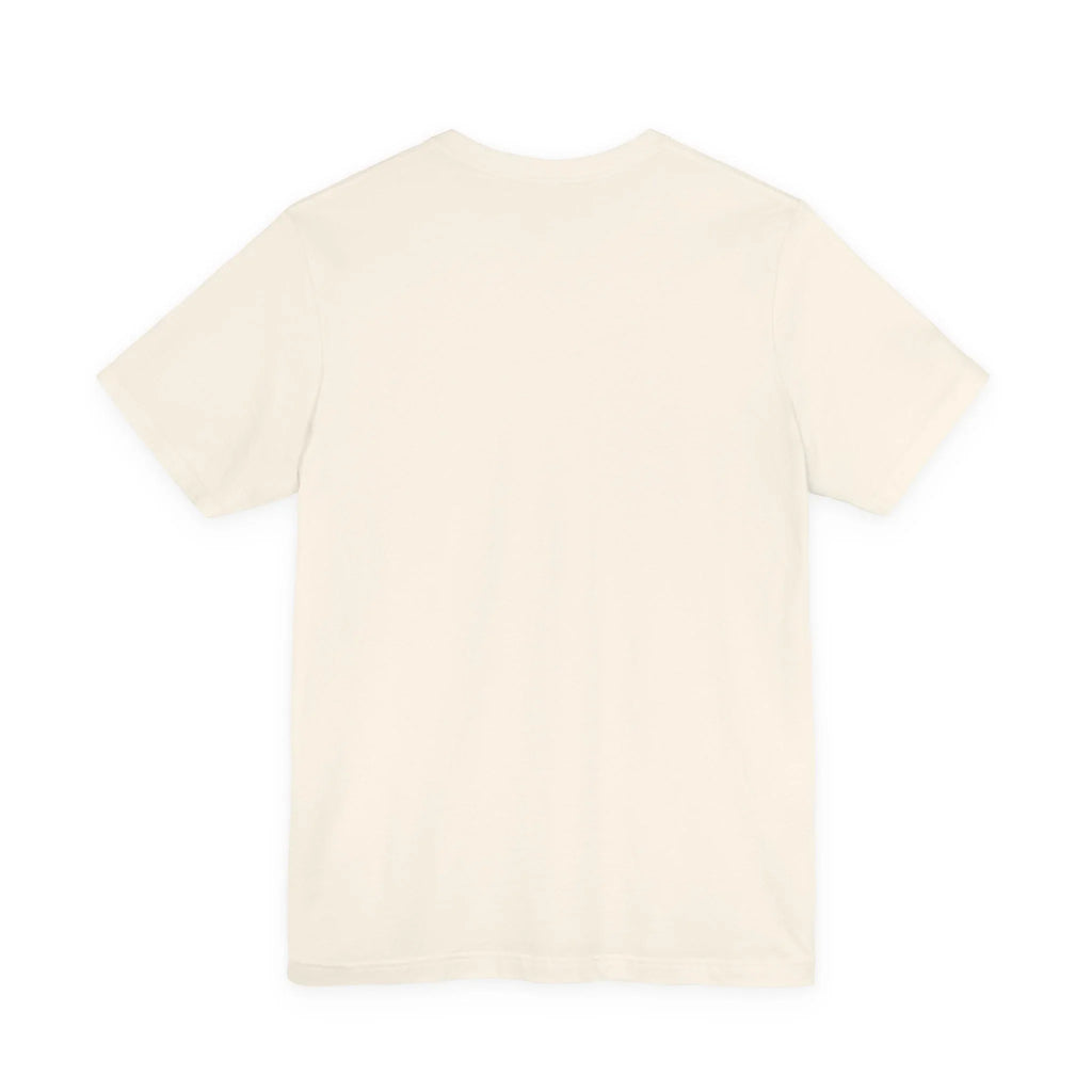 Back view of a plain off-white short sleeve unisex t-shirt on white background