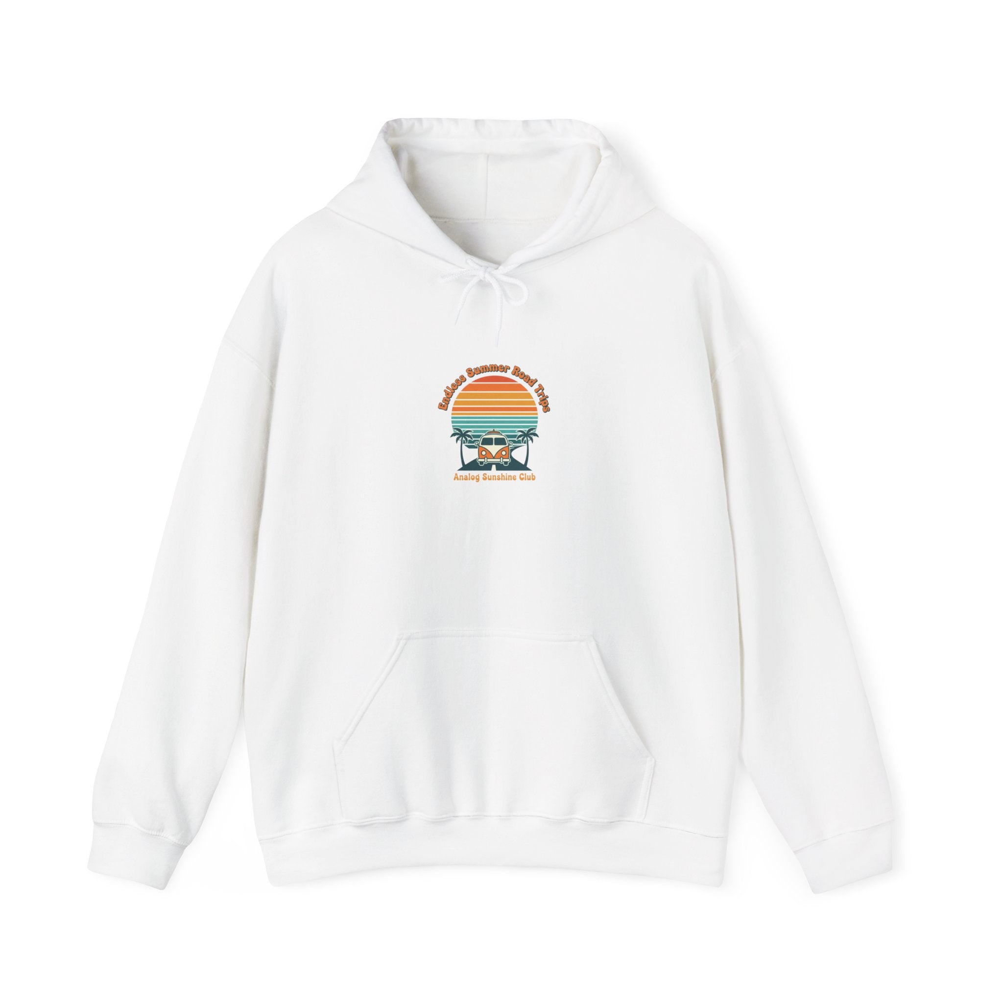 Retro 70s Sunset Surf Hoodie | vintage palm golden hour postcard design White