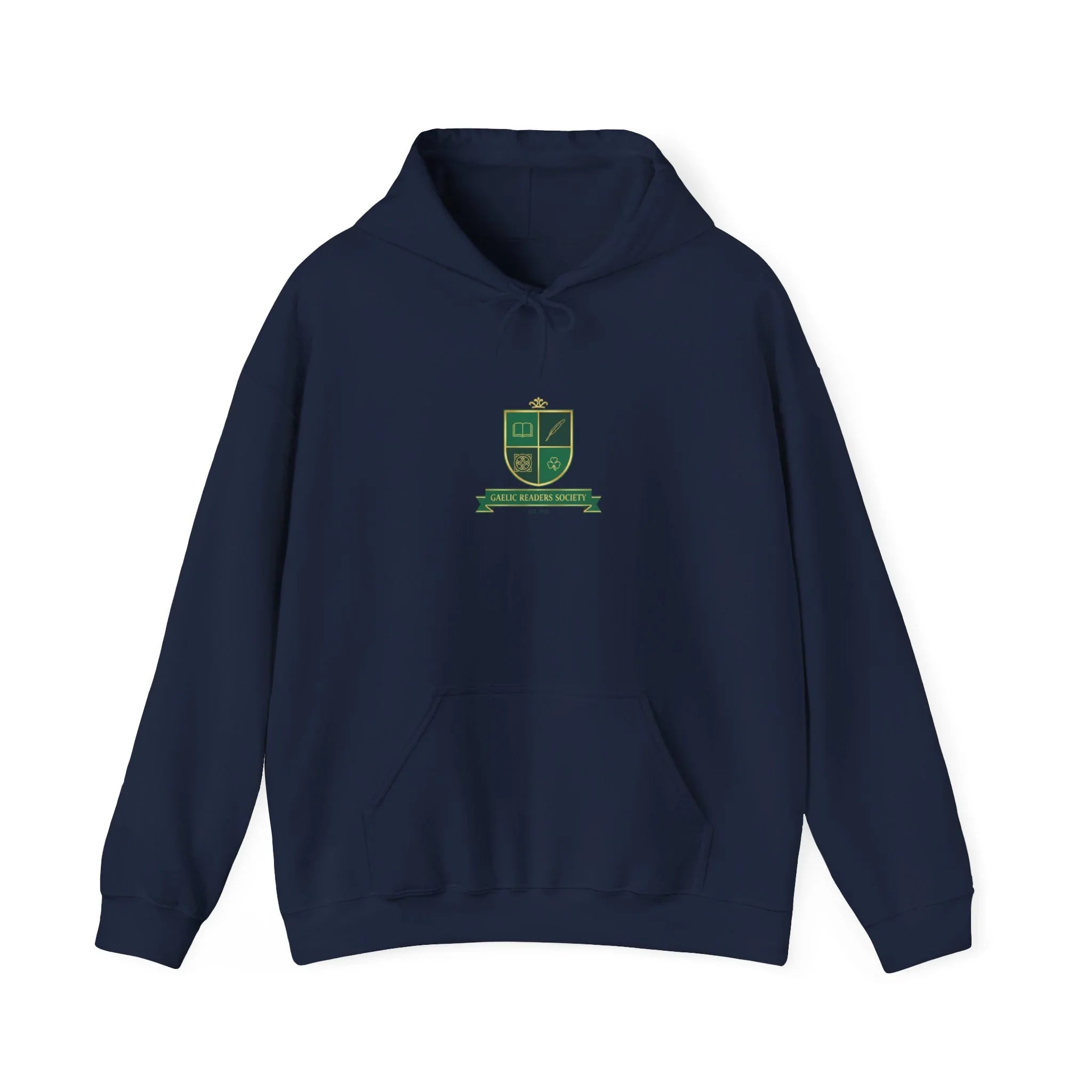 Navy blue hoodie with green academic crest and 'Garlic Readers Society' text on front