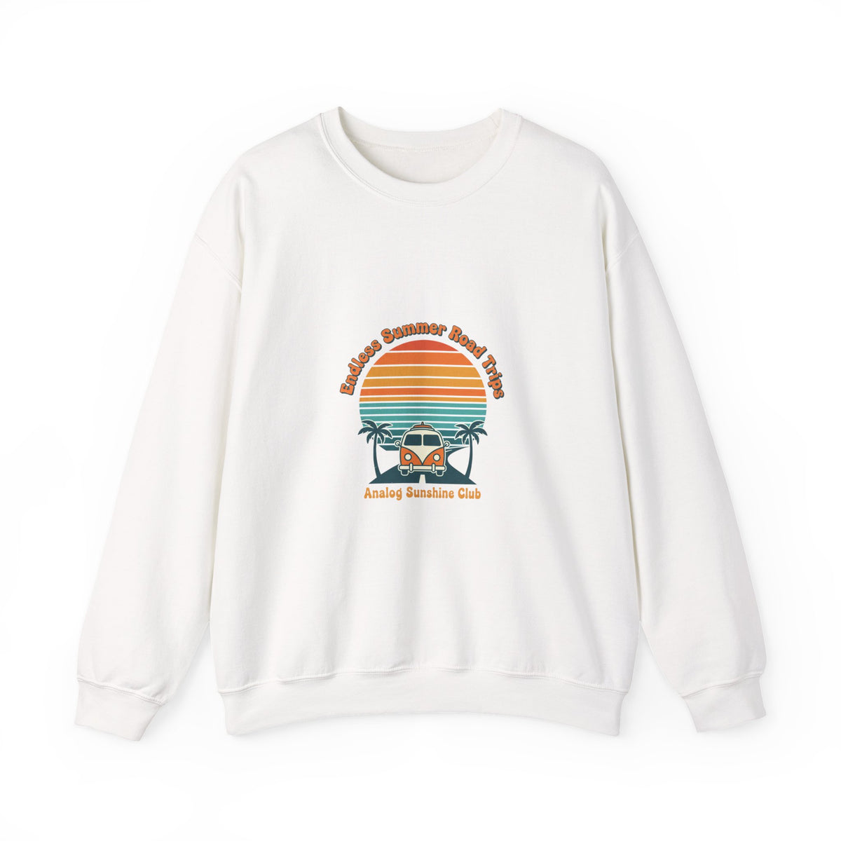 Vintage 70s Sunset Camper Crewneck Sweatshirt | Retro Surf Graphic, Golden Hour Postcard