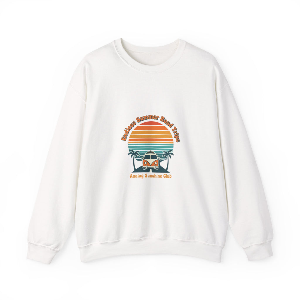 Vintage 70s Sunset Camper Crewneck Sweatshirt | Retro Surf Graphic, Golden Hour Postcard