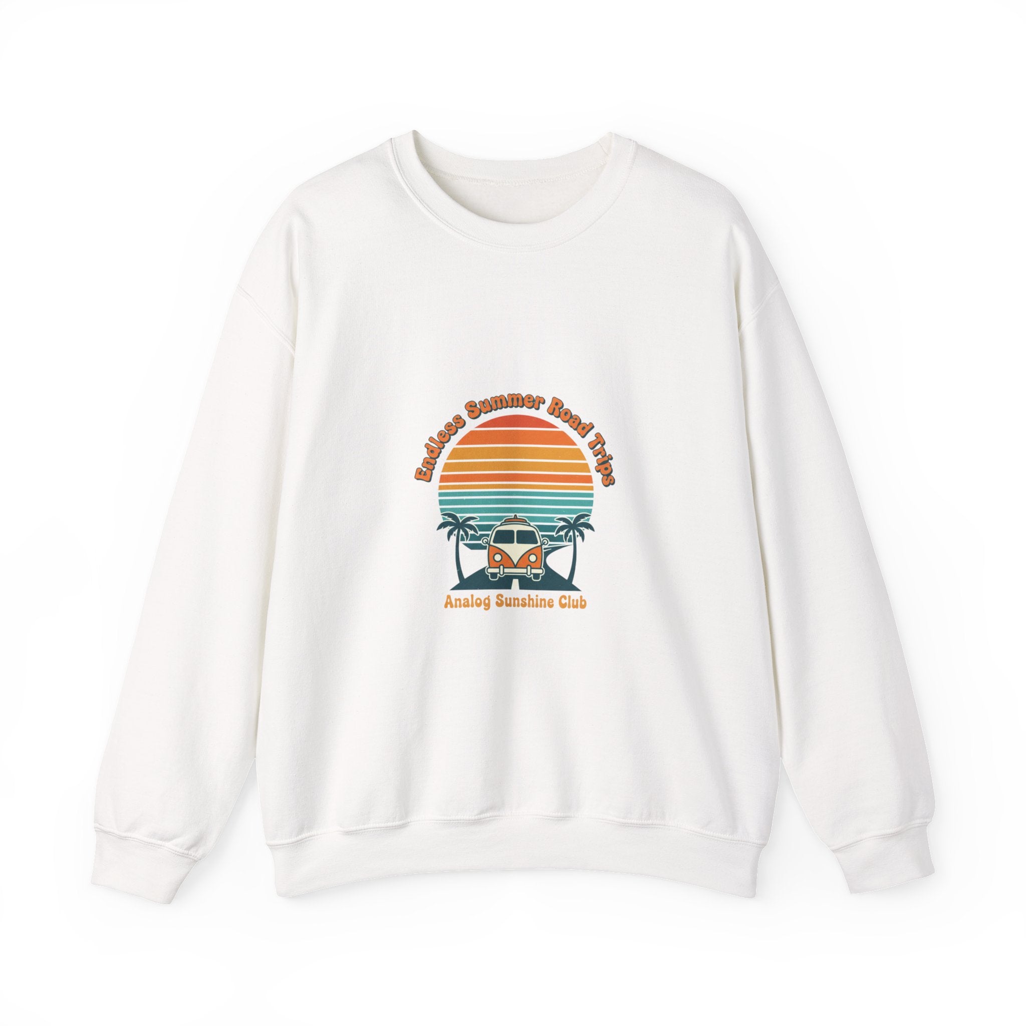 Vintage 70s Sunset Camper Crewneck Sweatshirt | Retro Surf Graphic, Golden Hour Postcard