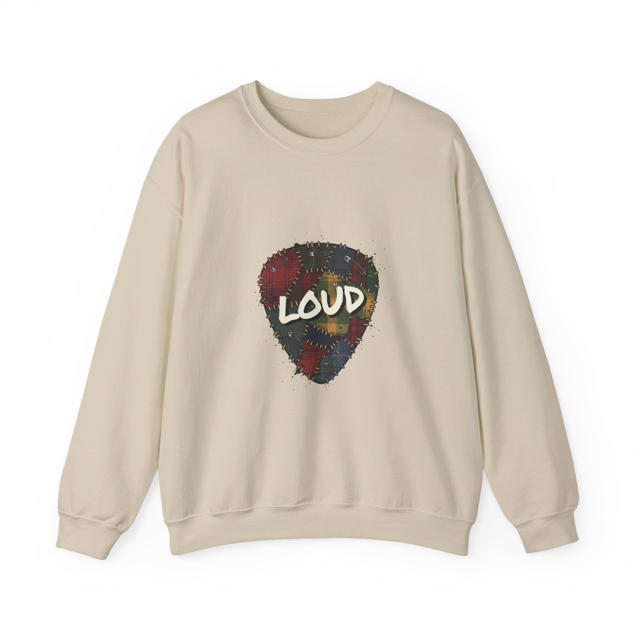 Loud Plaid Guitar Pick Crewneck Sweatshirt | Grunge Revival, 90s Flannel Aesthetic Sand