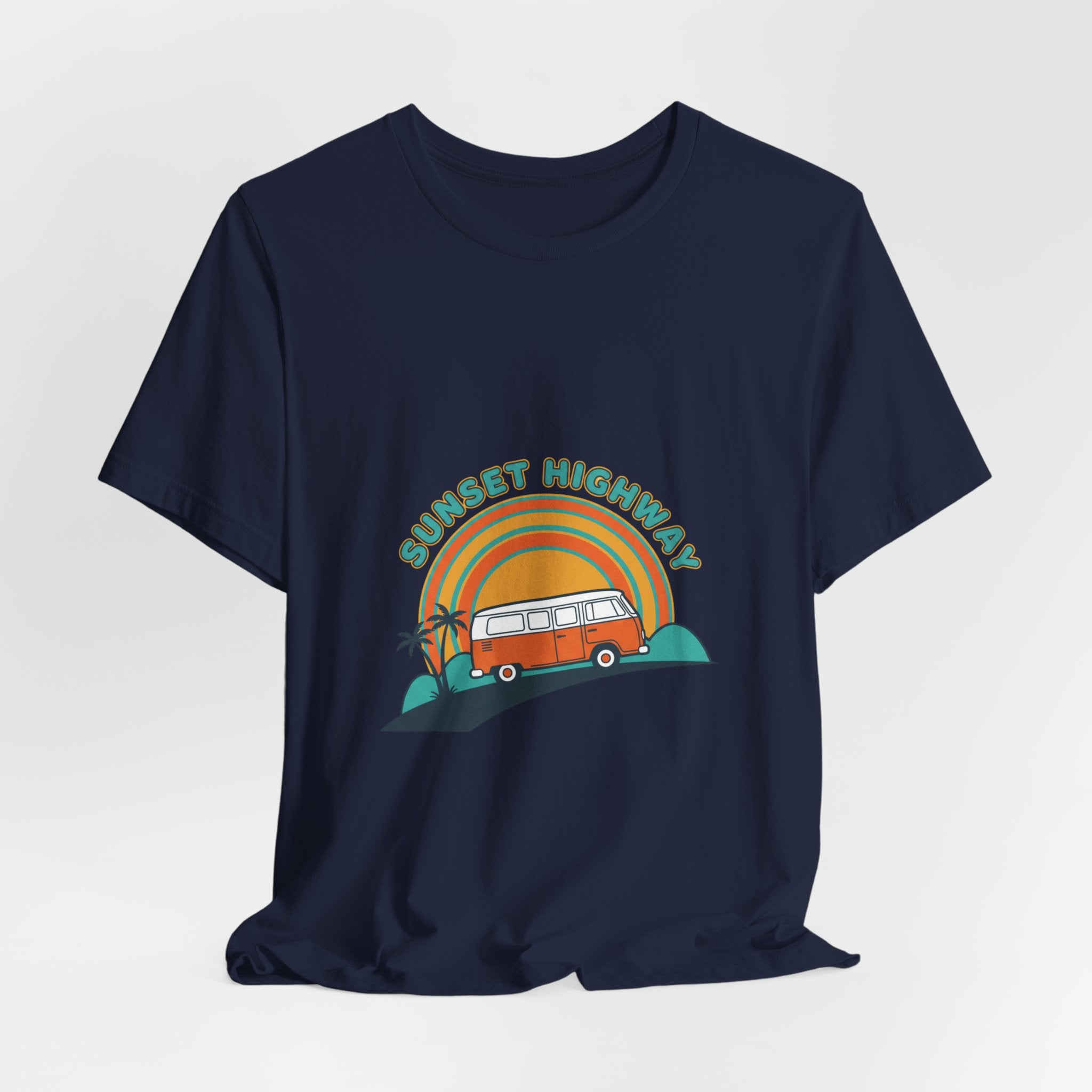 Sunset Highway VW Van Graphic Tee | 70s Sunset Shirt, Retro Surf Vintage Palm Navy