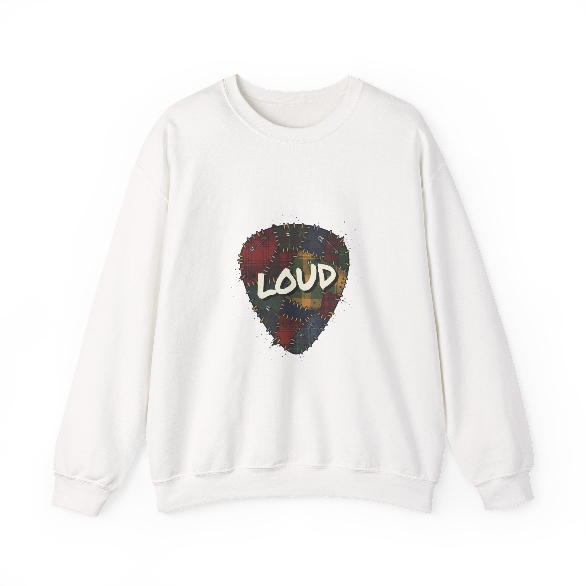 Loud Plaid Guitar Pick Crewneck Sweatshirt | Grunge Revival, 90s Flannel Aesthetic White