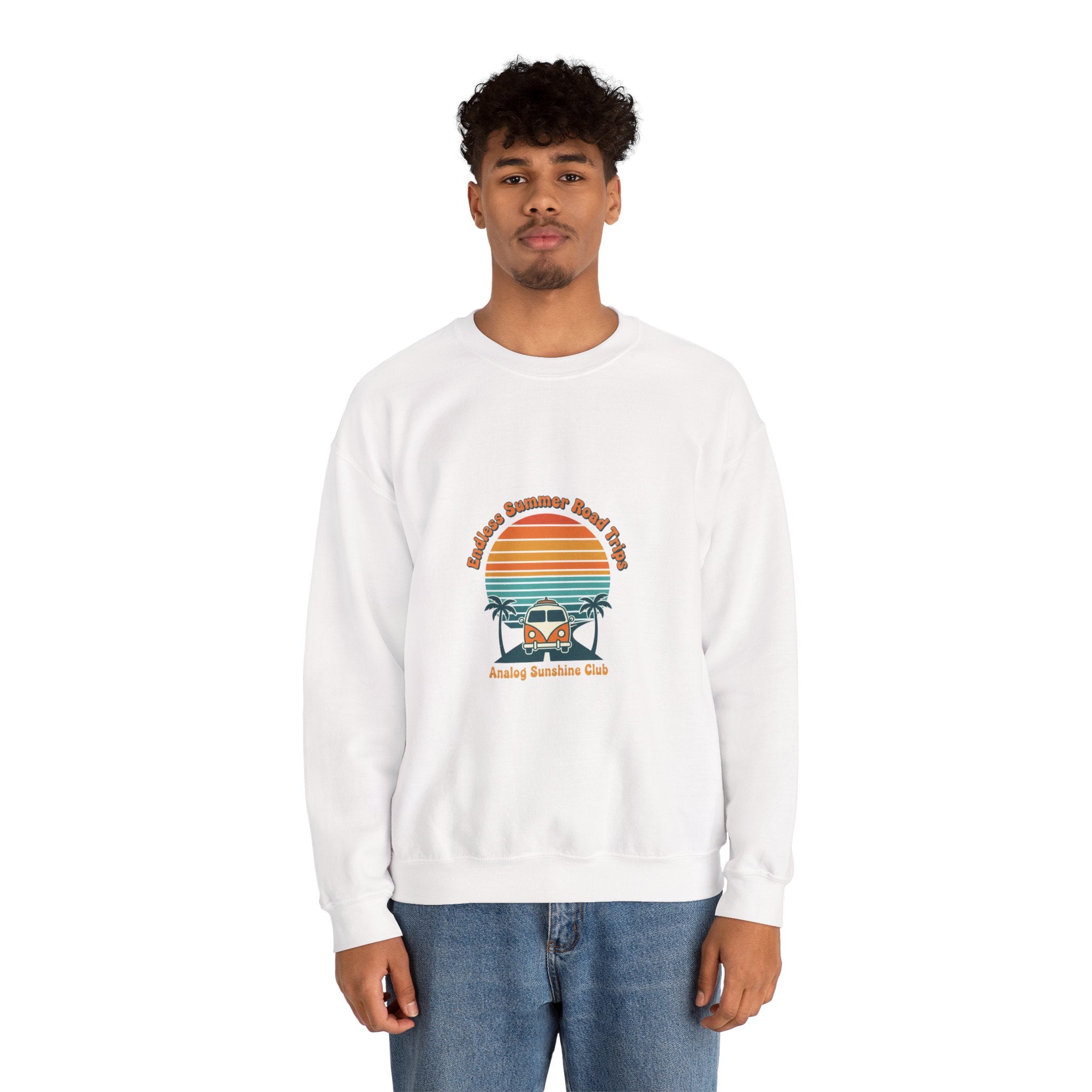 Vintage 70s Sunset Camper Crewneck Sweatshirt | Retro Surf Graphic, Golden Hour Postcard Navy