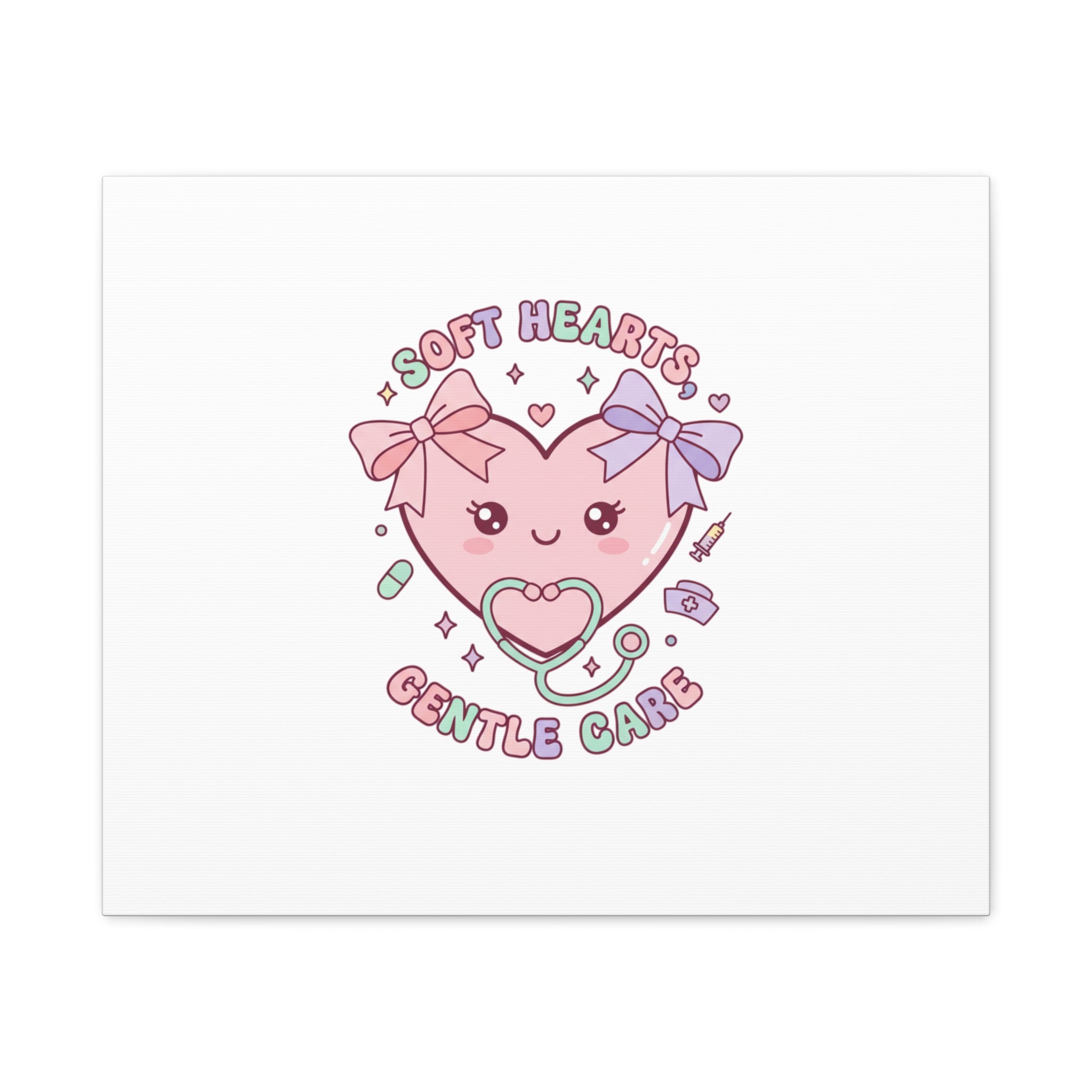 Soft Hearts Gentle Care Canvas, Cute Nurse Graphic | Pastel Coquette Medical Art 24" x 20" (Horizontal) 1.25"