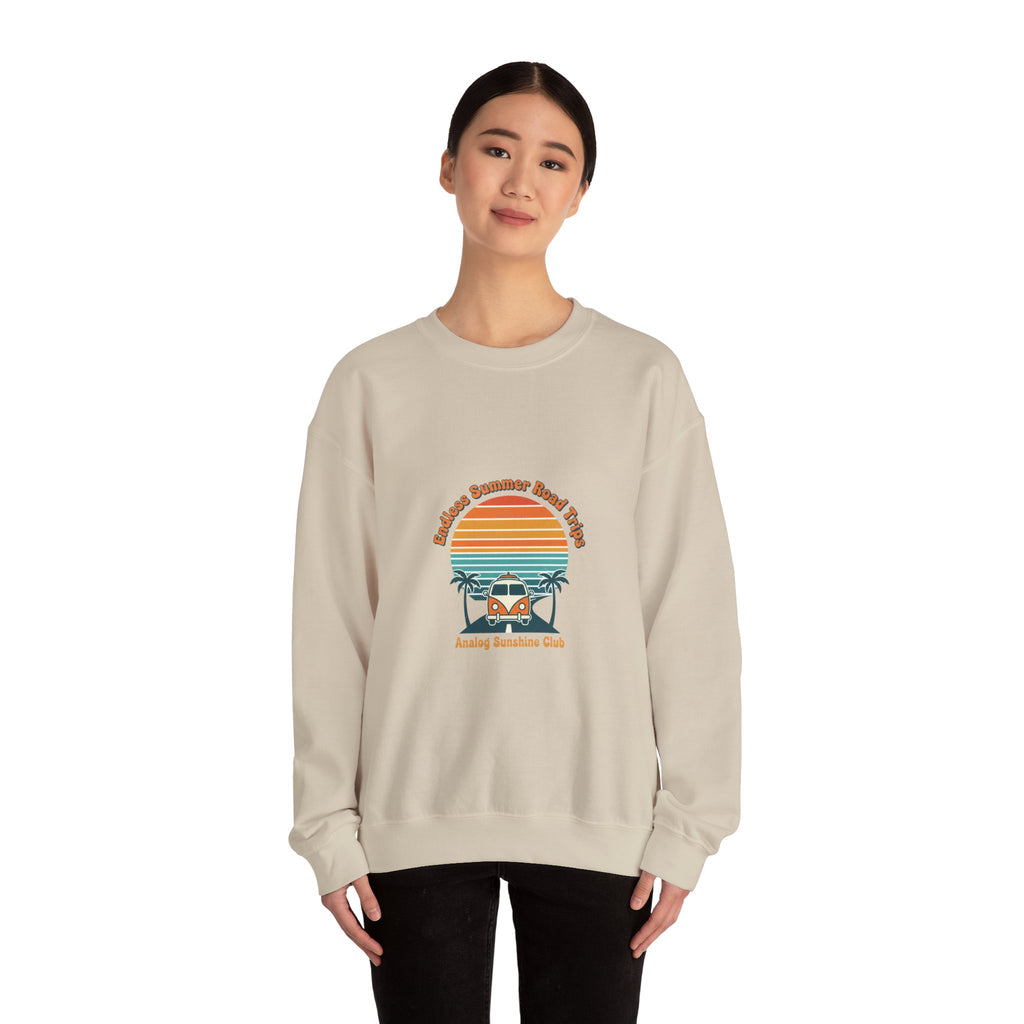 Vintage 70s Sunset Camper Crewneck Sweatshirt | Retro Surf Graphic, Golden Hour Postcard Navy