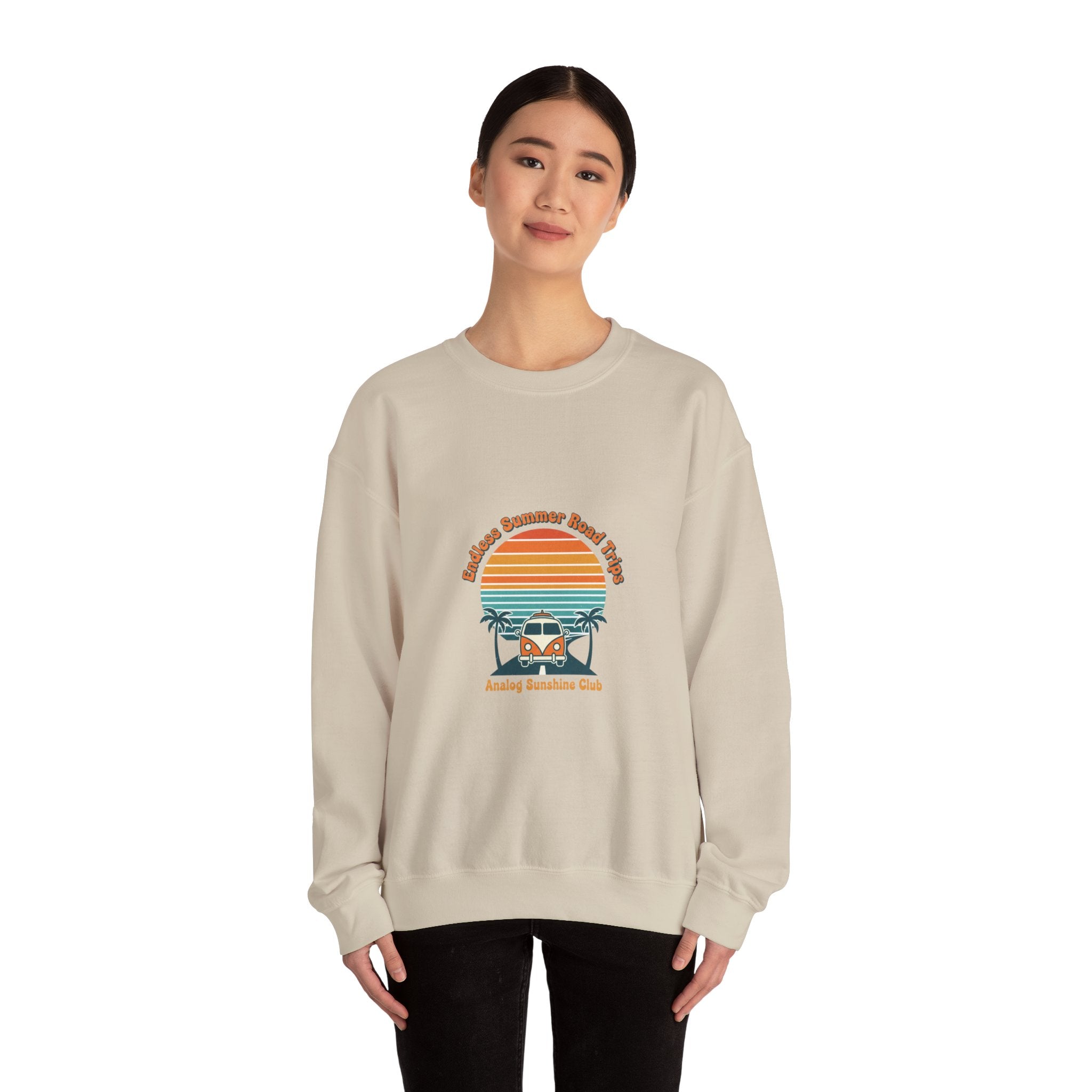 Vintage 70s Sunset Camper Crewneck Sweatshirt | Retro Surf Graphic, Golden Hour Postcard Navy