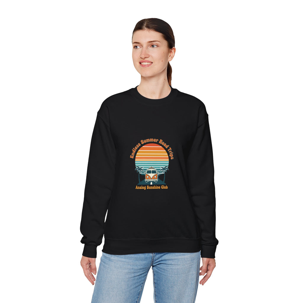 Vintage 70s Sunset Camper Crewneck Sweatshirt | Retro Surf Graphic, Golden Hour Postcard Navy