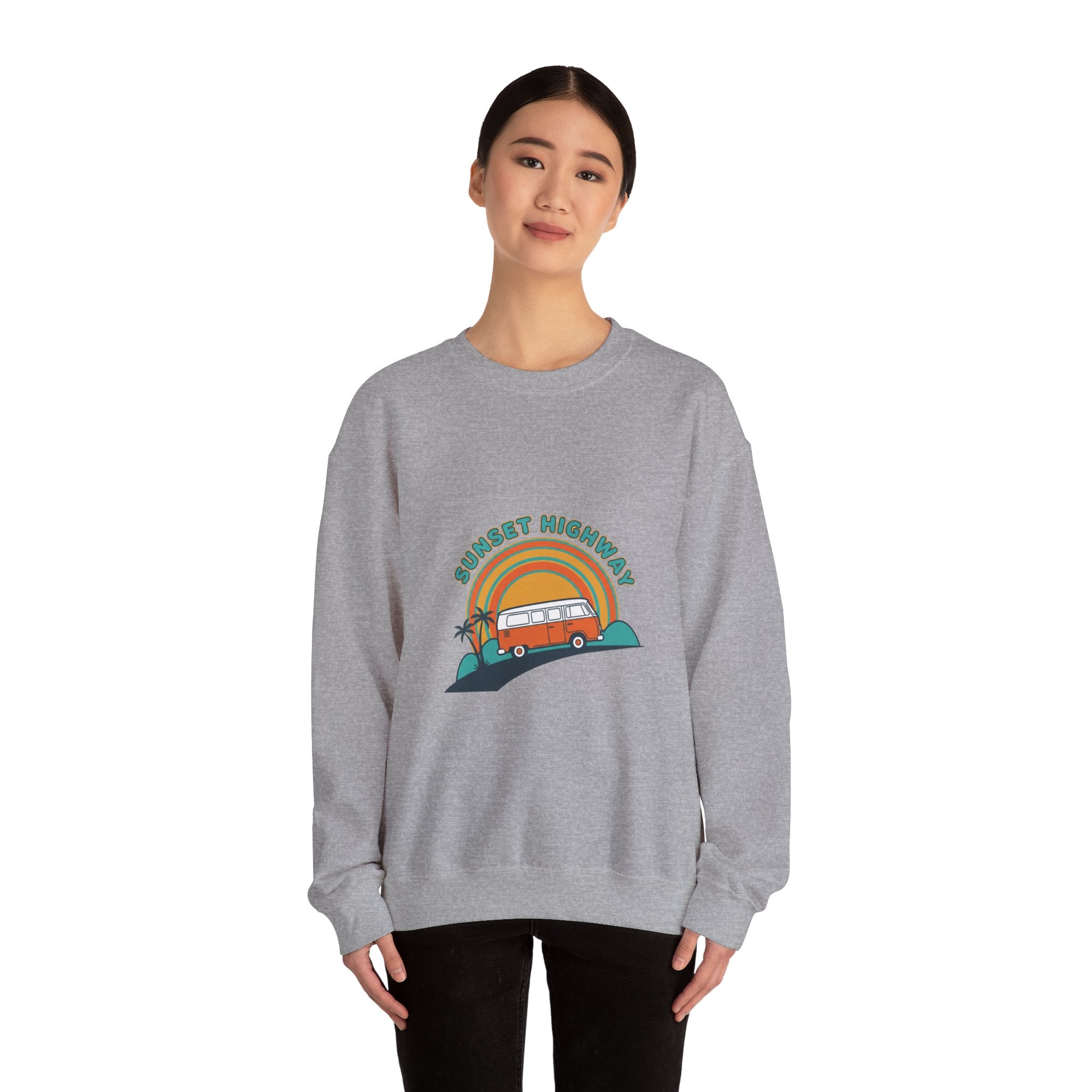 Sunset Highway Retro Surf Graphic Sweatshirt | 1970s Analog Sunshine, Vintage Palm Navy