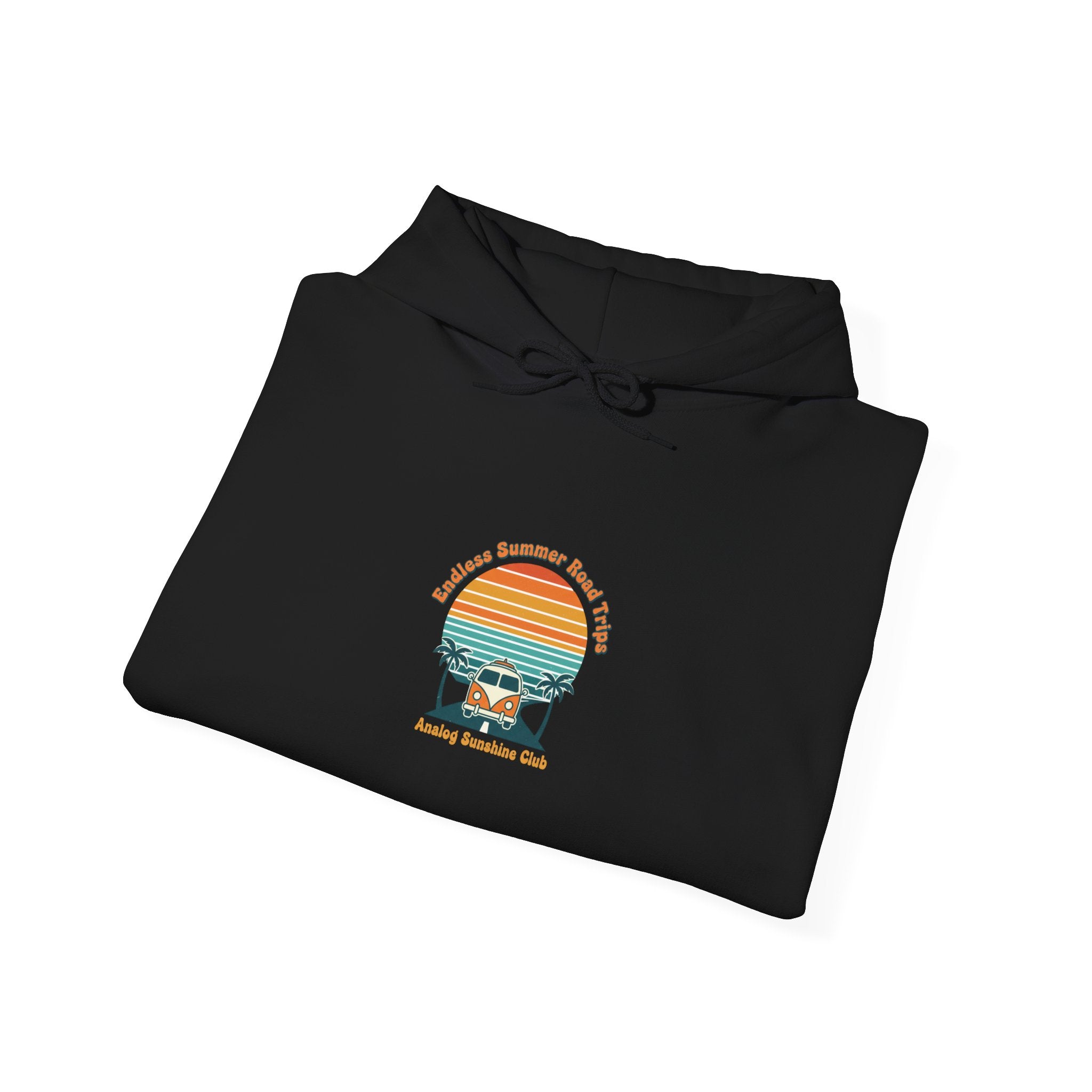 Retro 70s Sunset Surf Hoodie | vintage palm golden hour postcard design Navy