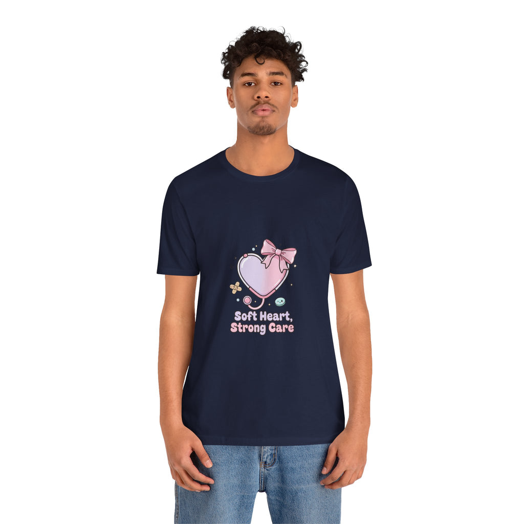 Soft Heart Strong Care T-Shirt | cute nurse graphic, pastel coquette medical shirt Navy
