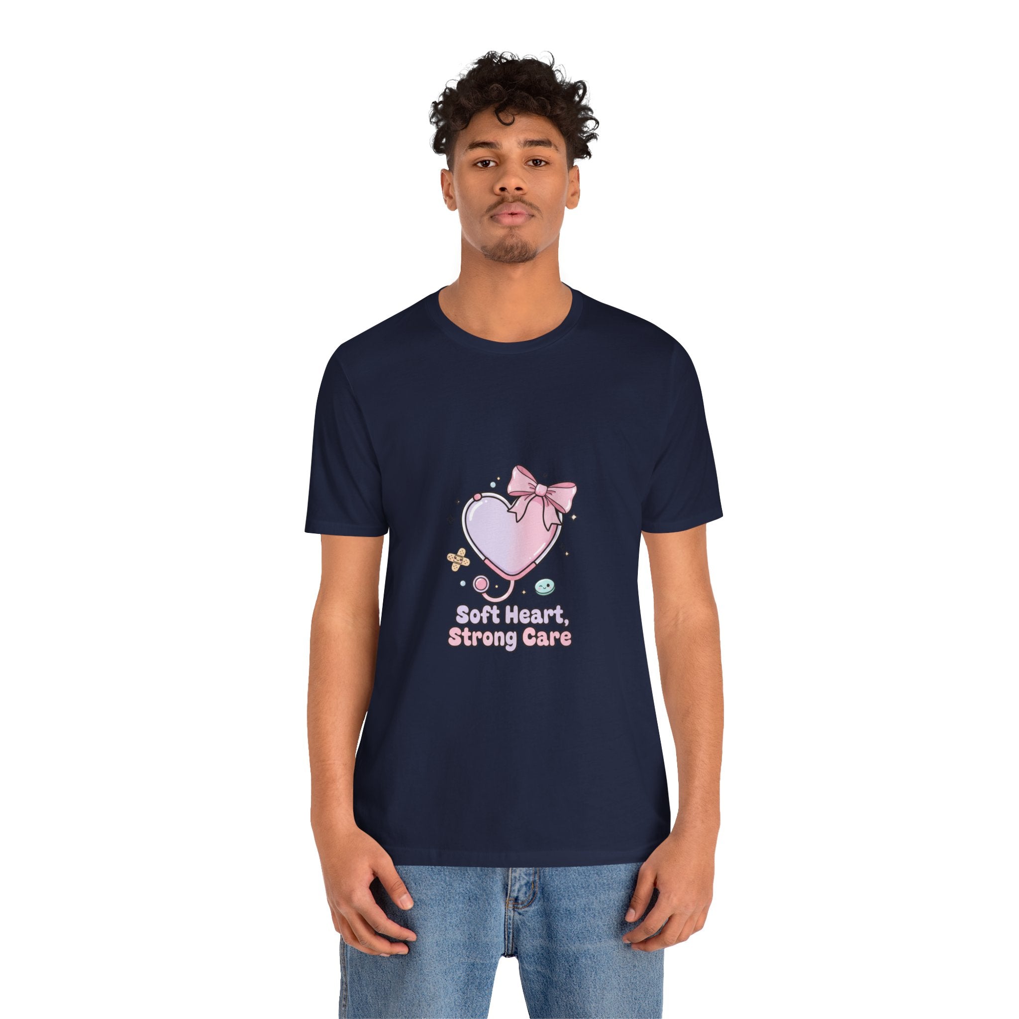 Soft Heart Strong Care T-Shirt | cute nurse graphic, pastel coquette medical shirt Navy