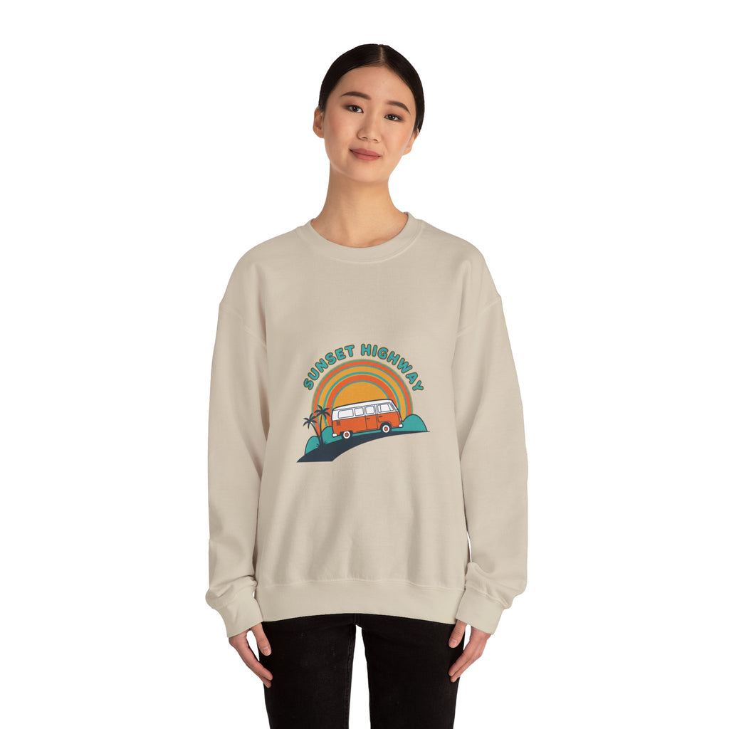 Sunset Highway Retro Surf Graphic Sweatshirt | 1970s Analog Sunshine, Vintage Palm Navy