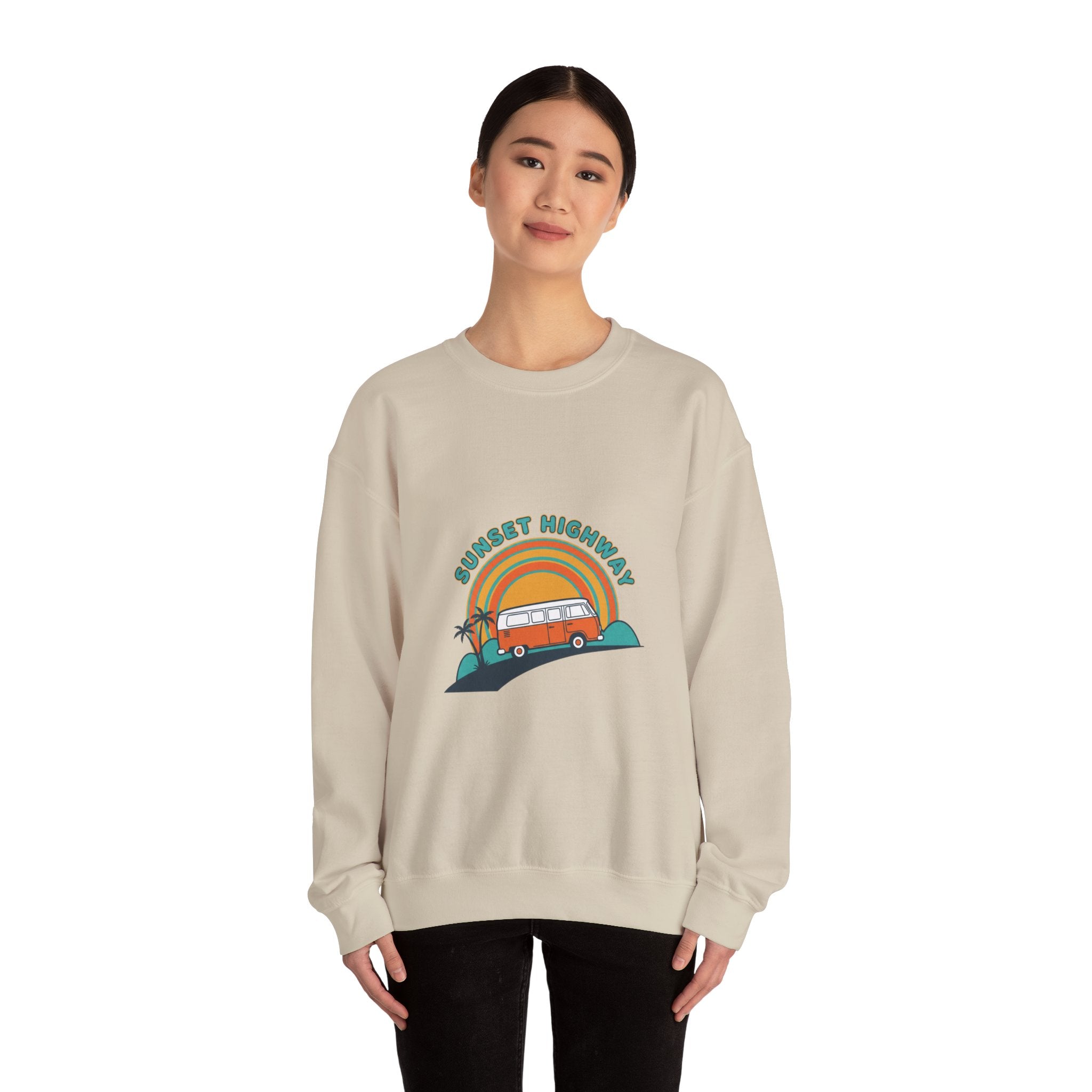 Sunset Highway Retro Surf Graphic Sweatshirt | 1970s Analog Sunshine, Vintage Palm Navy