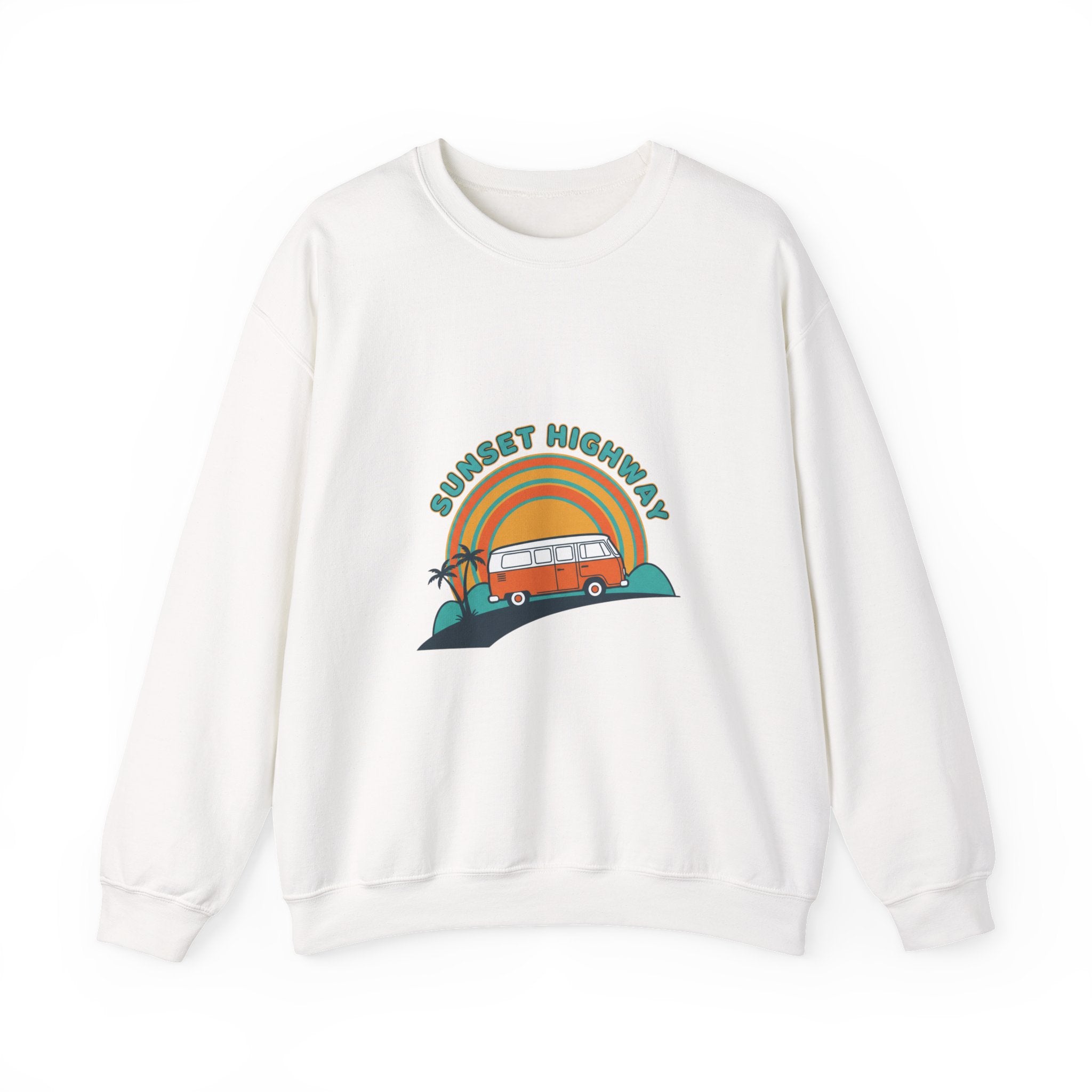 Sunset Highway Retro Surf Graphic Sweatshirt | 1970s Analog Sunshine, Vintage Palm White