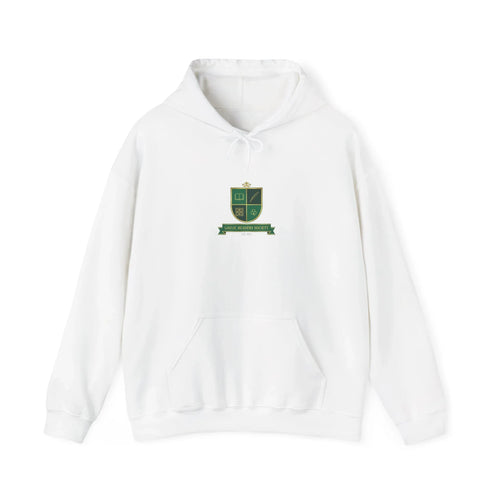 White hoodie with green crest logo and Gaelic Readers Society text on front