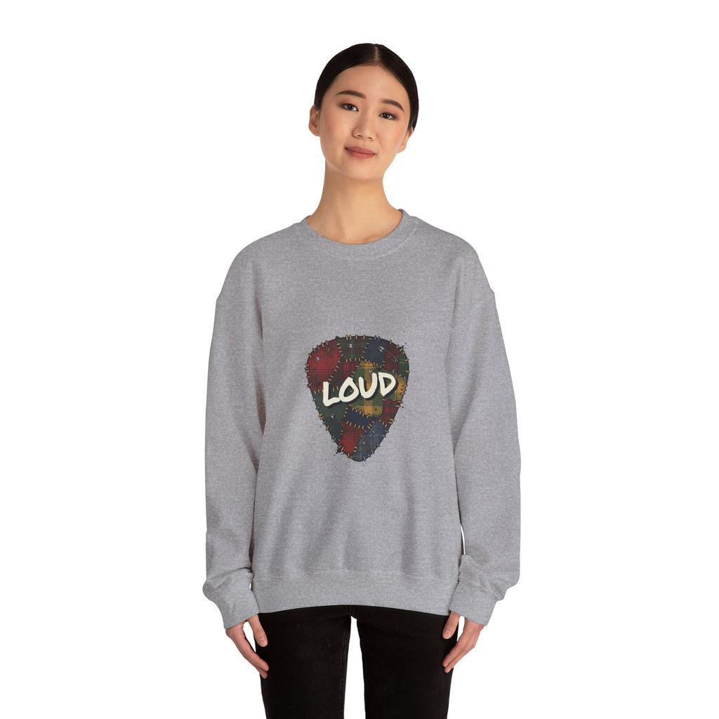 Loud Plaid Guitar Pick Crewneck Sweatshirt | Grunge Revival, 90s Flannel Aesthetic Navy