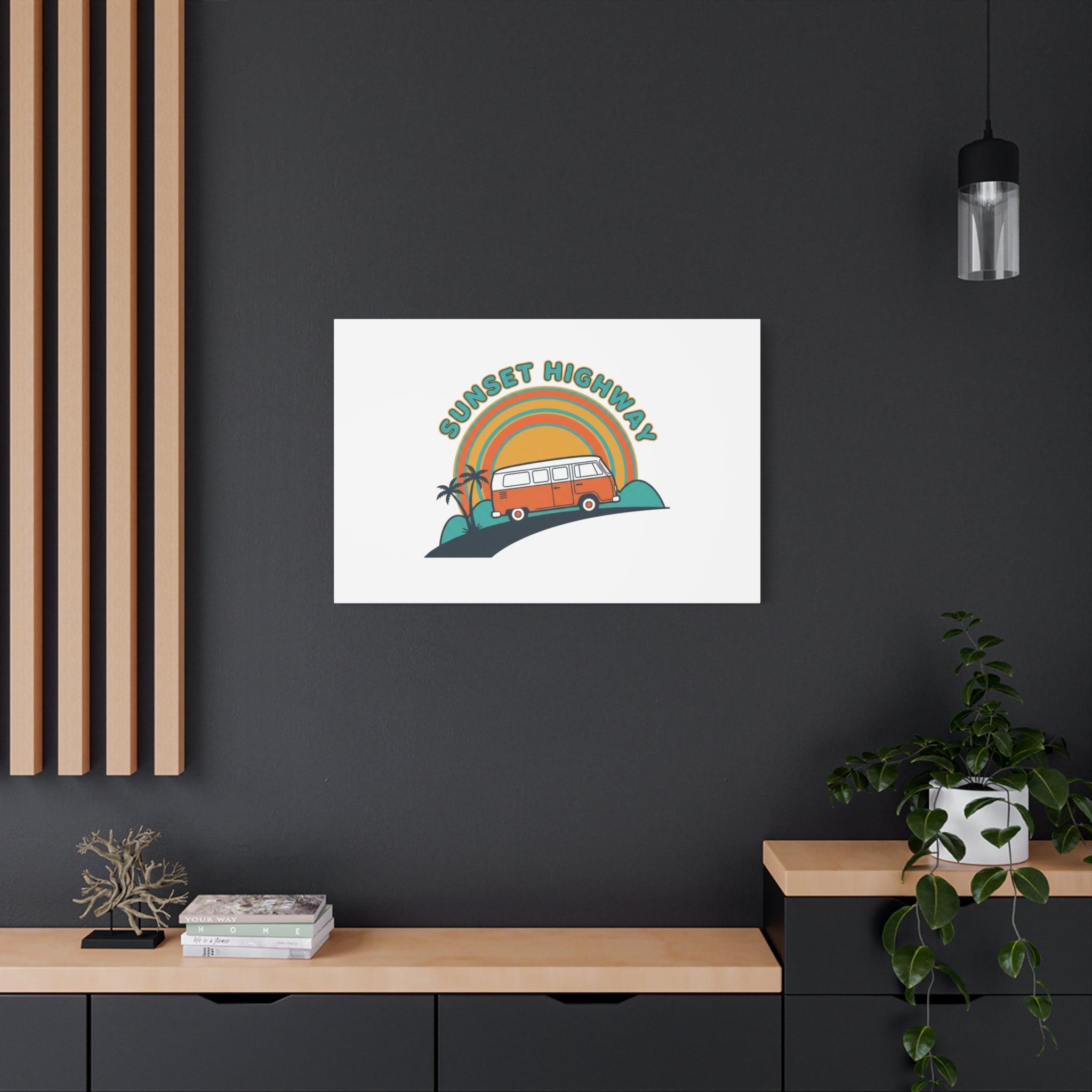Sunset Highway Van Canvas | 1970s Retro Surf, Vintage Palm Poster 36" x 36" 1.25"