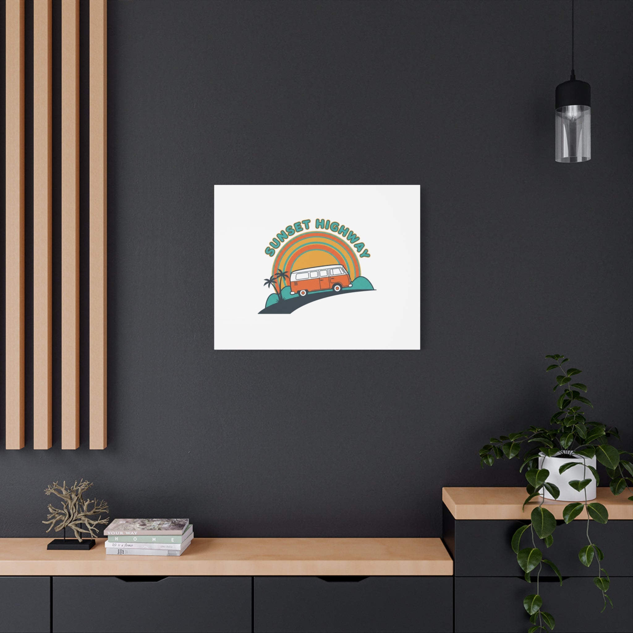 Sunset Highway Van Canvas | 1970s Retro Surf, Vintage Palm Poster 36" x 36" 1.25"