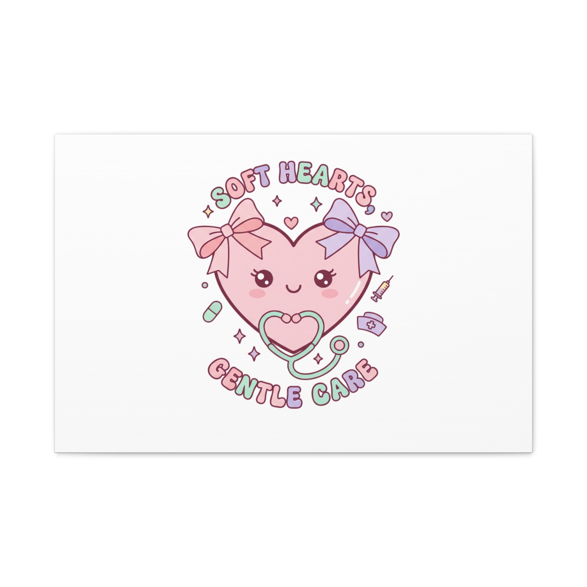 Soft Hearts Gentle Care Canvas, Cute Nurse Graphic | Pastel Coquette Medical Art 30″ x 20″ (Horizontal) 1.25"