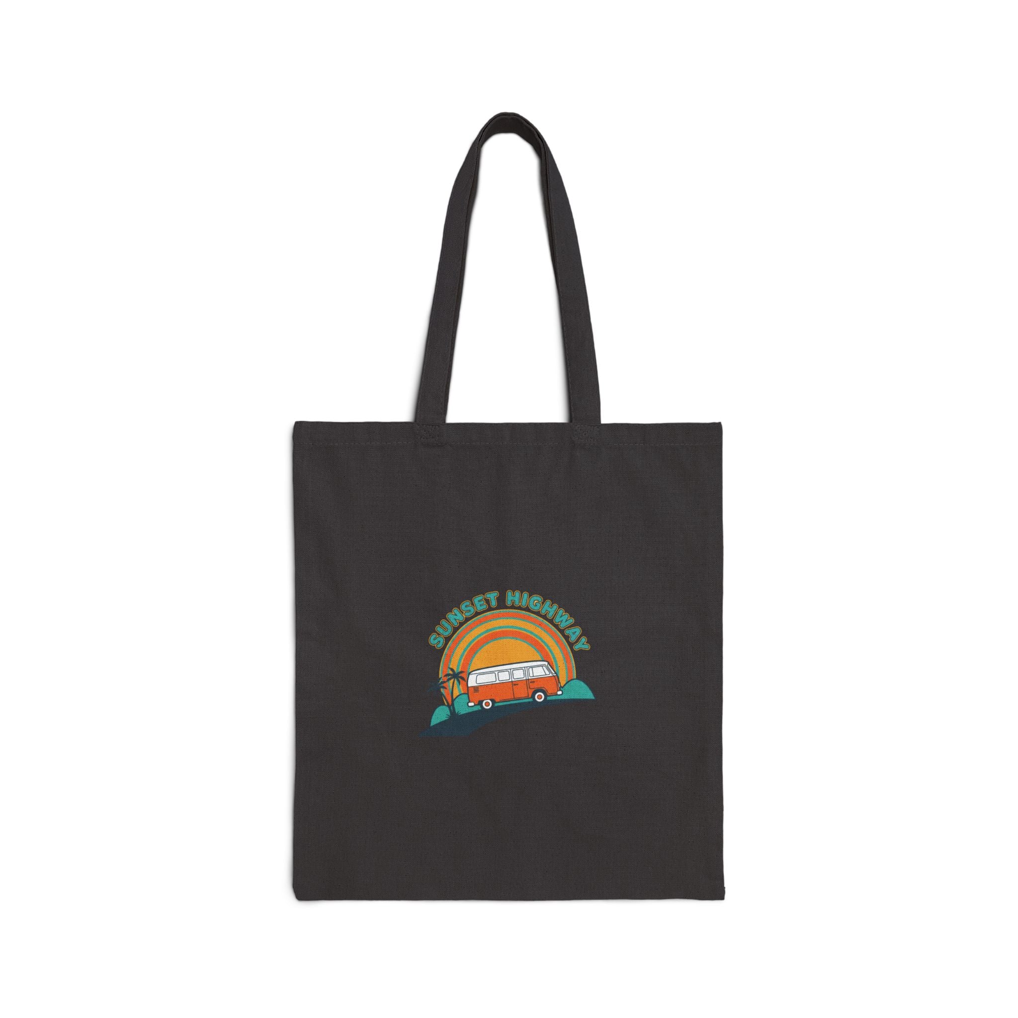 Sunset Highway VW Van Tote | 1970s Retro Surf Graphic, Golden Hour Postcard Black 15" x 16"