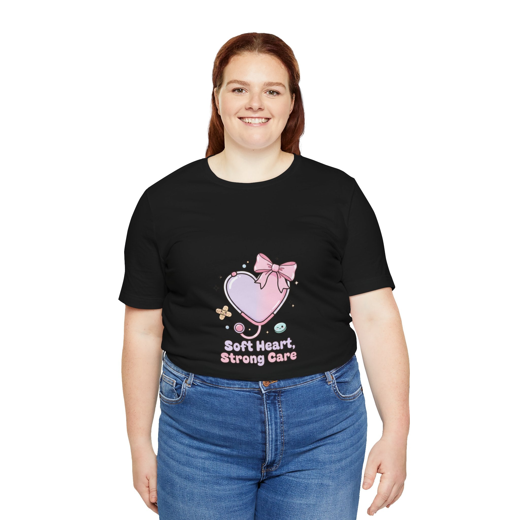 Soft Heart Strong Care T-Shirt | cute nurse graphic, pastel coquette medical shirt Navy