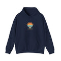 Retro 70s Sunset Surf Hoodie | vintage palm golden hour postcard design Navy