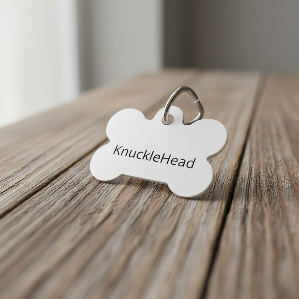 Close up bone pet tag engraving