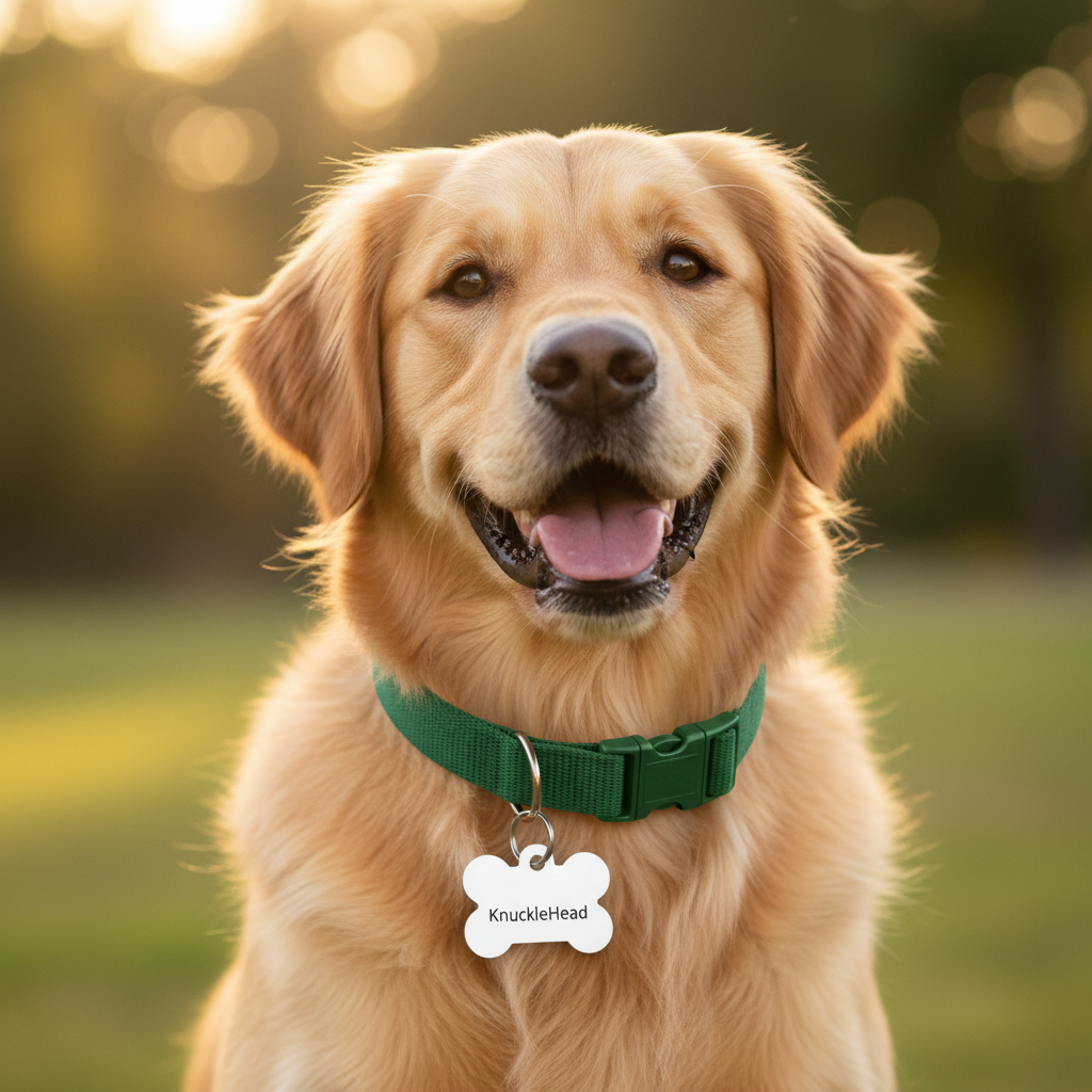 Dog wearing bone-shaped pet tag