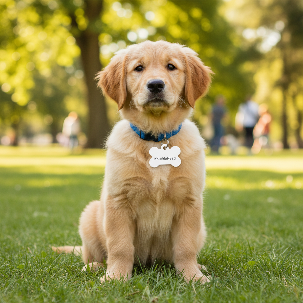Golden retriever with pet tag